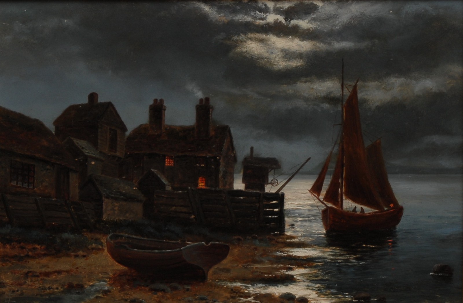 Edgar Longstaffe RA (1849 - 1912) Moonlight, Leigh Southend monogrammed, oil on board, 22.5cm x 33.