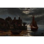 Edgar Longstaffe RA (1849 - 1912) Moonlight, Leigh Southend monogrammed, oil on board, 22.5cm x 33.