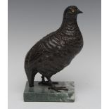 English School 20th century, a dark patinated bronze, a partridge, standing, green marble plinth,