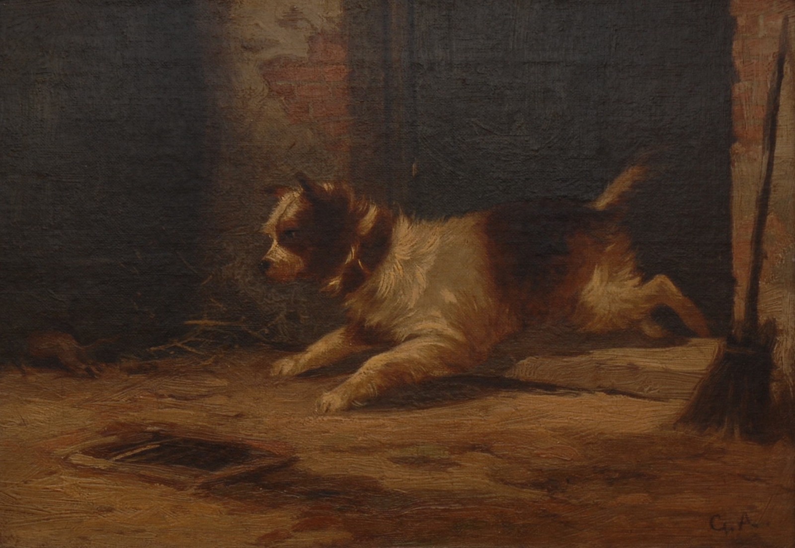 English School (19th century) Inquisitive Terrier signed with initials GA, oil on canvas,