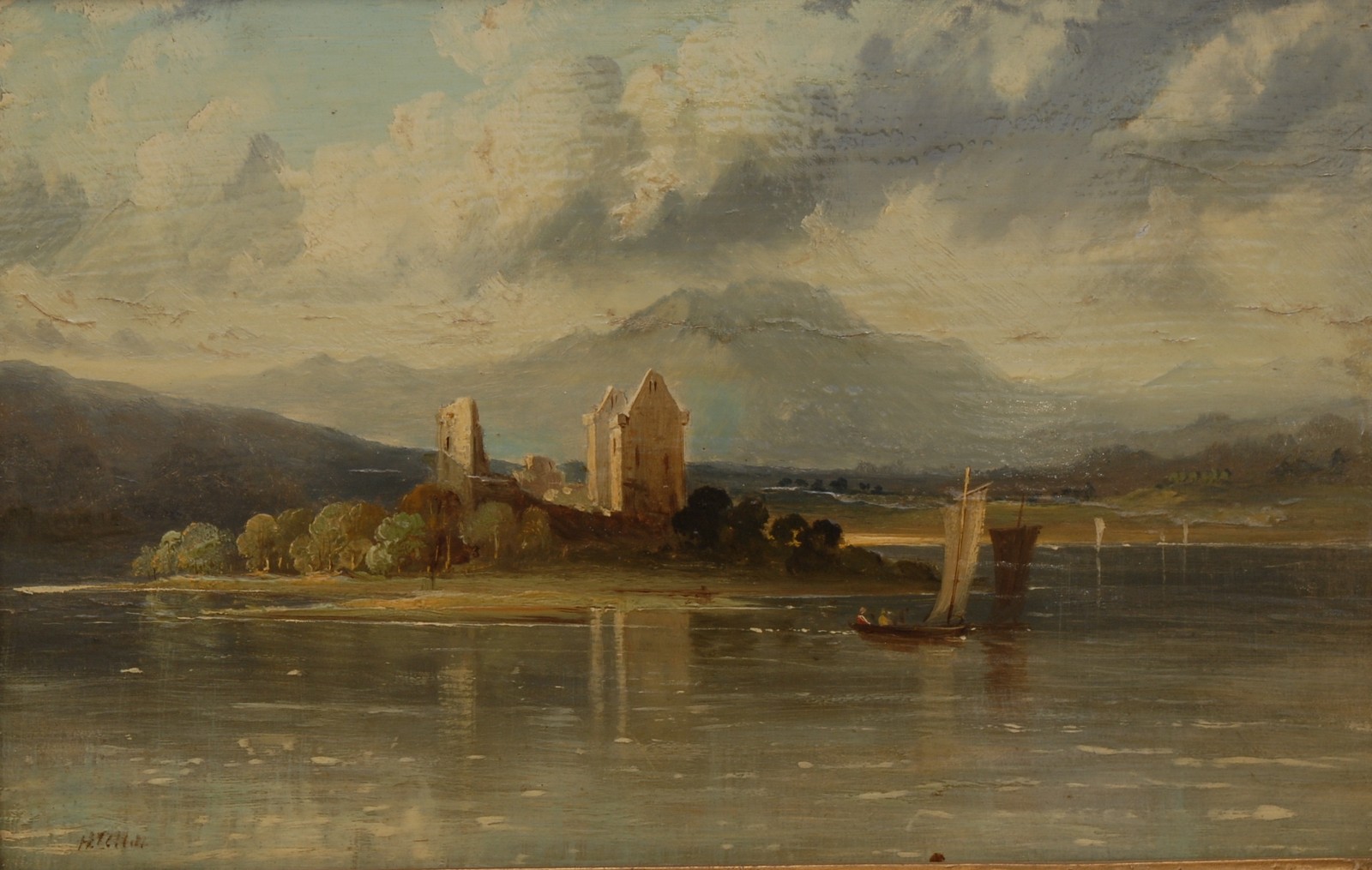 English School (19th century) Lochleven Castle indistinctly signed Hitchin?, oil on board, 25.