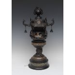 A Japanese dark patinated bronze and cloisonne enamel pagoda koro,