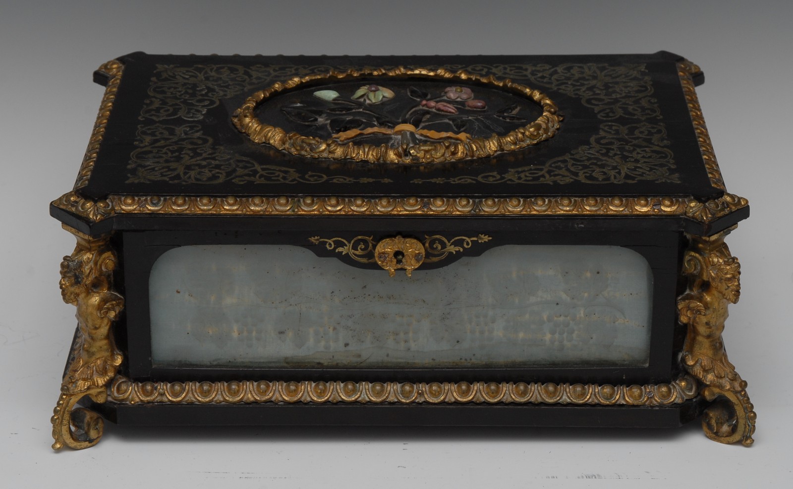 A 19th century gilt metal and hardstone mounted brass marquetry and ebonised table casket,