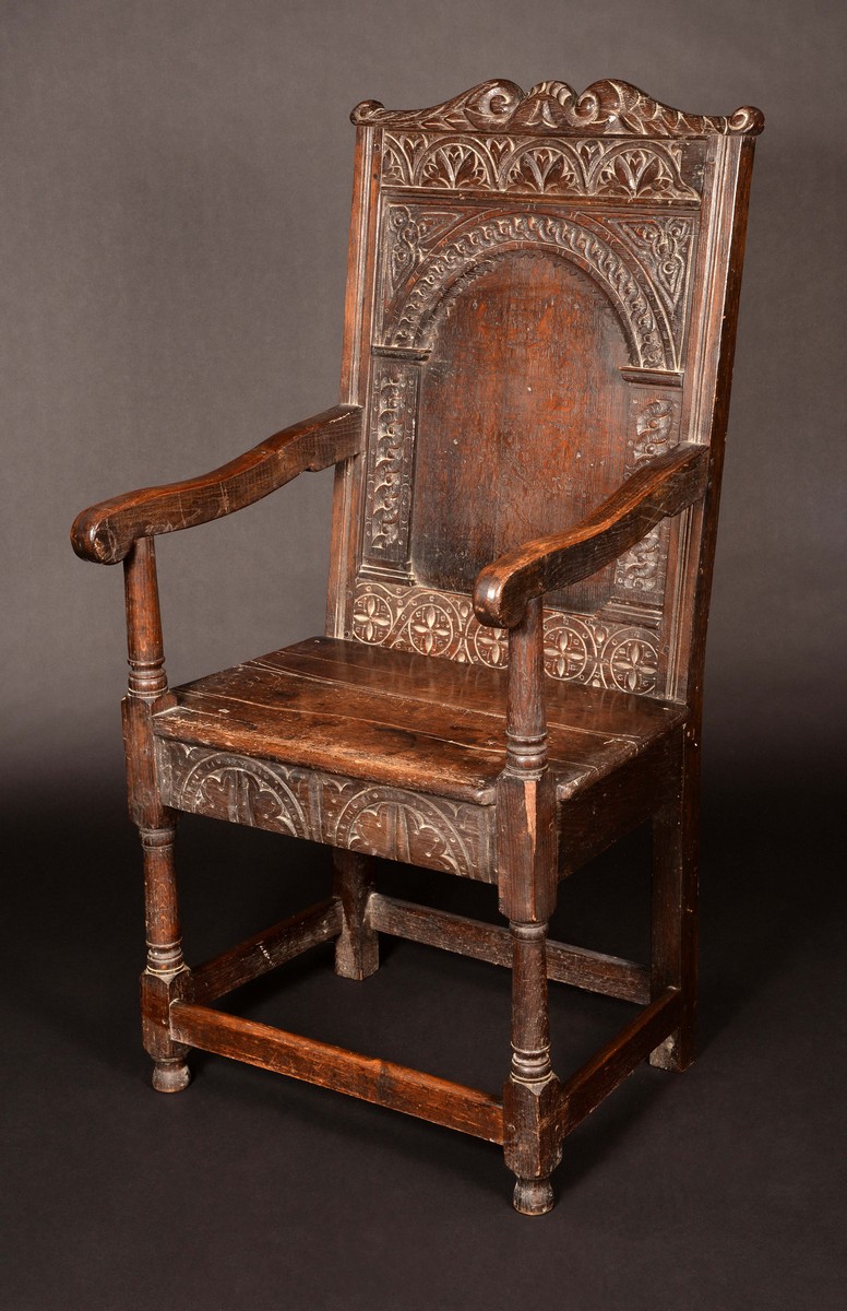 An 17th century oak Wainscote armchair,