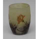 A miniature Daum cameo glass vase, of bowed cylindrical form, overlaid with yellow flowers,