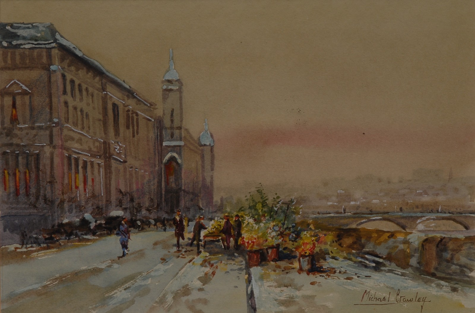 Michael Crawley Winter Flower Sellers, Paris signed, titled to verso, watercolour, 19.