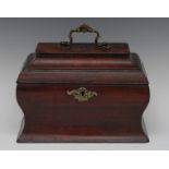 A George II mahogany ogee bombe shaped tea caddy, hinged cover with brass Rococo swan neck handle,