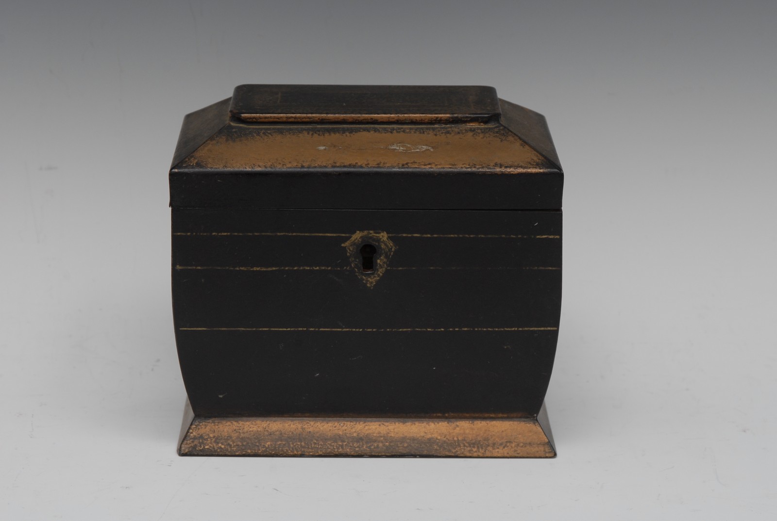 A 19th century toleware sarcophagus tea caddy, hinged cover enclosing twin compartments,