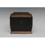 A 19th century toleware sarcophagus tea caddy, hinged cover enclosing twin compartments,