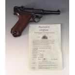 ***LOT WITHDRAWN***A Luger semi-automatic pistol, 8cm barrel, 9mm calibre, two-piece checkered grip,