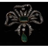 A Victorian style emerald and diamond ribbon bow brooch,