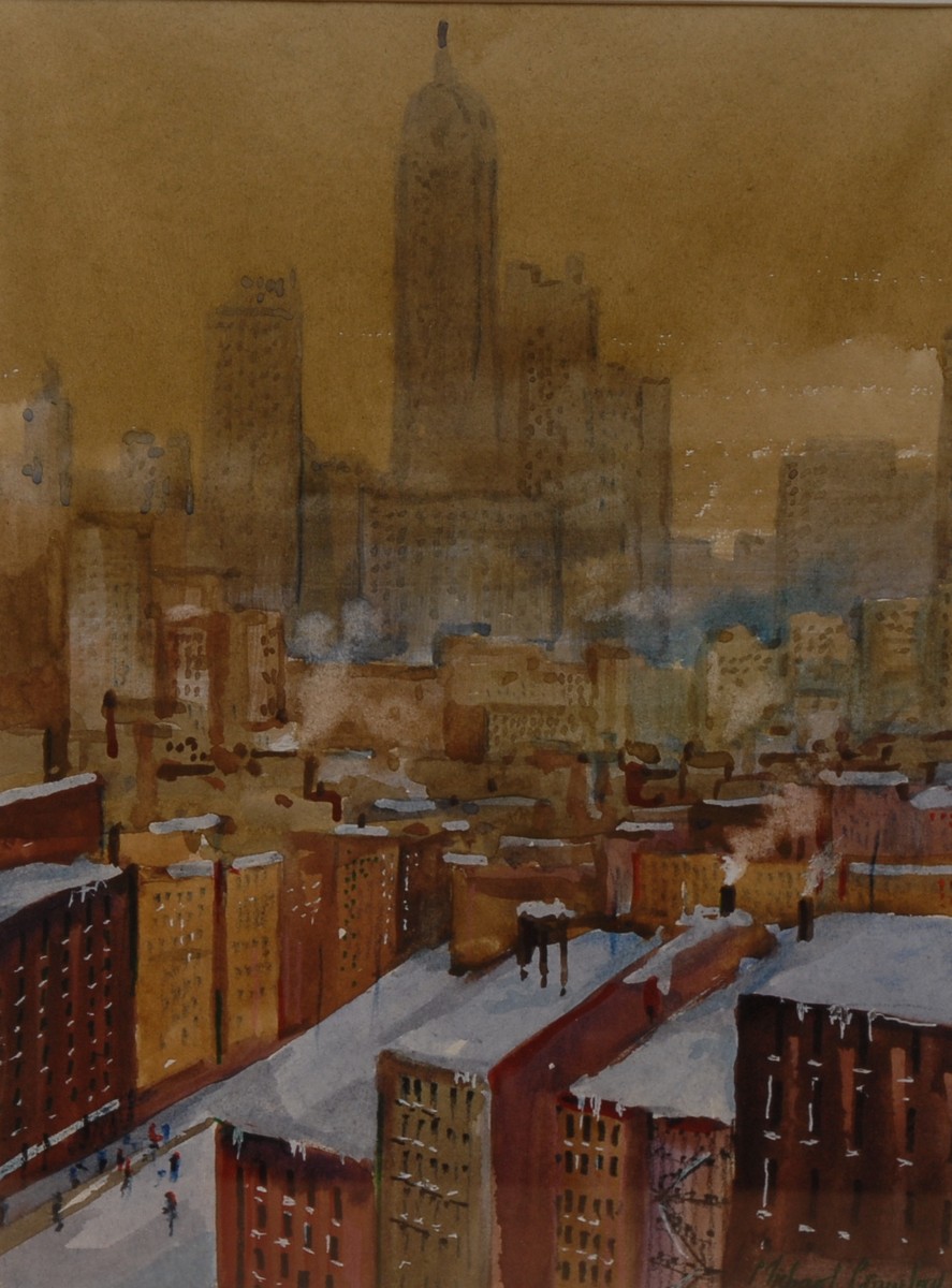 Michael Crawley The Singer Building in Winter, from Brooklyn Bridge, New York signed,