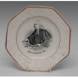 A North of England octagonal plate, printed in monochrome with Rev J. Wesley.