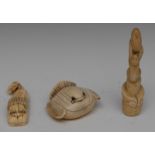 A Japanese ivory netsuke, carved as a comically proportioned chicken, bead eyes, signed, 45cm long,