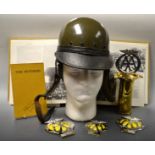Transport - a vintage Slazenger AA mans motor cycle Helmet, size 6; AA badges; Ashray,