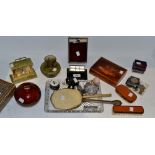 Boxes and Objects - a bone and mother of pearl inlaid box; an onyx carriage clock; boxed hip flask;