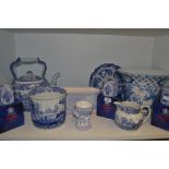 A Spode Italian pattern oversized teapot; a Spanish pottery blue and white jardiniere;
