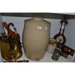 Household Goods - an aneroid barometer; a stoneware barrel; a brass helmet shaped coal bucket;