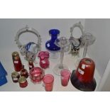 Glassware - cranberry glass jug; a pair of Murano type baskets; a pair of clear glass candlesticks;