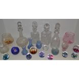 Glassware - a Caithness pink glass commemorative bowl; cut and etched glass decanters;