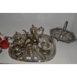 Silver Plated Ware - a four piece silver plated tea service ; swing handled cake basket; tray;