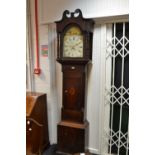 A Victorian oak inlaid longcase clock, curly pediment with carved patera to hood,