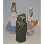 A Lladro figure, of a girl seated by a basket; another, of a Chinese elder,