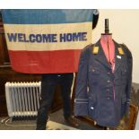 Militaria - a WWI French flag embroidered 'Welcome Home' ; a military jacket;
