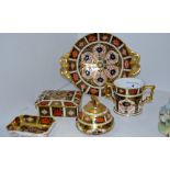 A Royal Crown Derby 1128 pattern trinket box and cover; a loving cup; table cigarette lighter;