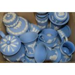 A Wedgwood Jasperware coffee pot, cream jug, vases, trinket trays, bowl and cover,