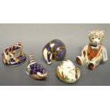 A Royal Crown Derby paperweight, Teddy Bear, gold stopper; another Harvest Mouse, silver stopper,