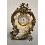 A Vienese enamel cartouche shaped boudoir timepiece, 2cm enamel dial with Roman numerals,