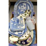 Ceramics - a pair of graduated oval willow pattern meat plates,