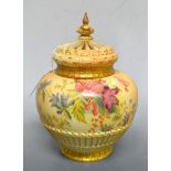 A Royal Worcester pot porri vase and cover, brush ivory ground, floral sprays, pierced cover ,