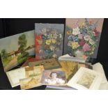 An interesting folio of watercolours and oils, various subjects, avian, figurative, lanscapes, etc,