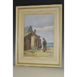 E Leigh Badcock (19th/20th century) Coastal Cottage and figures, signed, watercolour,