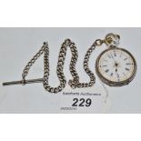 A silver open faced fob watch,