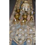 Lighting - brass oil lamps; a brass side light; glass light shades various;