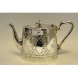 A Walker and Hall EPNS spreading oval teapot and cover, engraved with foliage and strapwork, c.