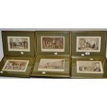 A set of seven framed hand coloured etchings,