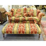 A late 20th century three seater sofa, upholstered in a classical pattern striped ground,