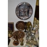 Metalware - an Egyptian brass and silverd charger; a Turkish coffee set ; pewter goblets;