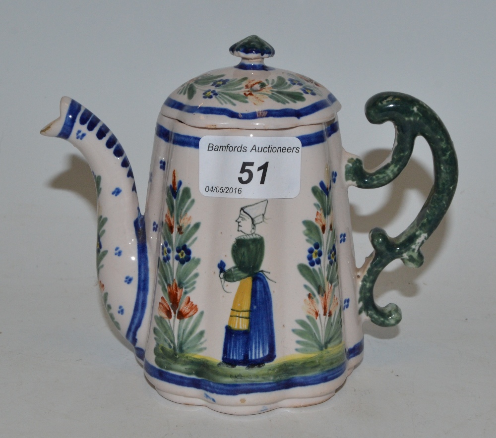 A Quimper lobed spreading cylindrical teapot and cover, decorated in the typical manner,