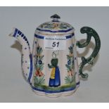 A Quimper lobed spreading cylindrical teapot and cover, decorated in the typical manner,