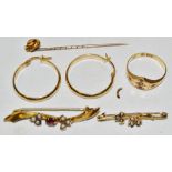 A 9ct gold ring; a pair of 9ct gold earrings; bar brooches;