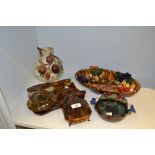 An early 20th century faux tortoiseshell dressing table set; an Austrian majolica shaped oval dish,