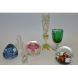 A Victorian vaseline glass specimen vase; a Caithness pebble paperweight; others;