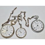 A silver open faced pocket watch and Albert; another ;