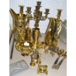 Brassware - a pair of ejector candlesticks; miniature miners lamp; jugs; fireside implements;