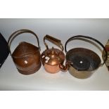 A Victorian copper kettle; a copper coal bucket;